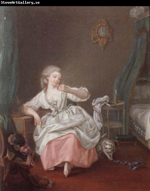 unknow artist A bedroom interior with a young girl holding a song bird